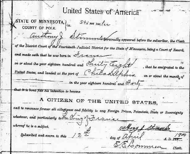 Anthony J. Stimmler Naturalization Record, dated April 12, 1900