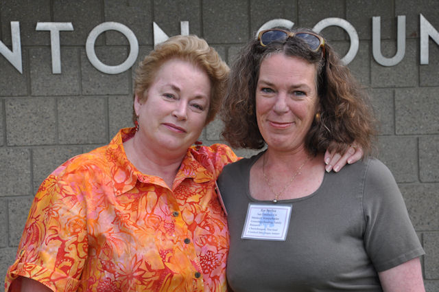 Sisters Sandy Stimler Beck and Rae Stimler Bordua, outside Benton County Historical Society, July 22, 2011