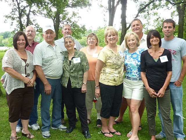 Left to right:  Unknown, unknown, Lee and Donna Kampa, Lee and Nancy Arnold, Linda Hull Taube, Mary Lee O'Donnell Hull, husband Frank Hull, Mary Jo HullBlenker and son Joshua&nbsp;Blenker, photograph courtesy of Don Jurek