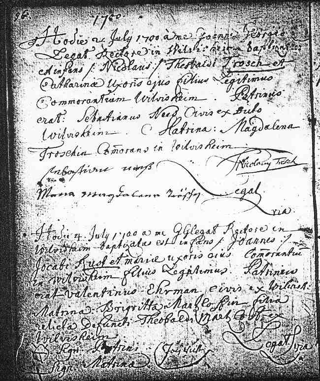 First page of St-Martin Parish Baptismal Record of Nicolaus Tr&ouml;sch, July 21, 1700.