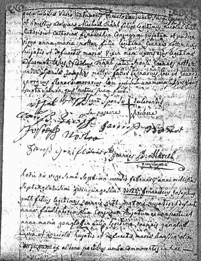 Sts-Pancrace-et-Boniface Parish Marriage Record of Michel Tr&ouml;esch and Anne Marie Notter, February 20, 1753.
