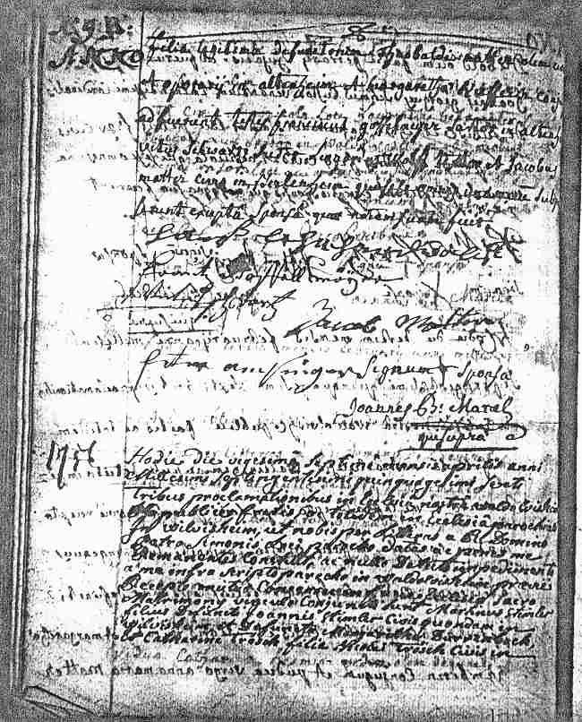 First page of Sts-Pancrace-et-Boniface Parish Marriage Record of Martini Stimmler and Catharina Troesch, Waldolwisheim, April 22, 1756.