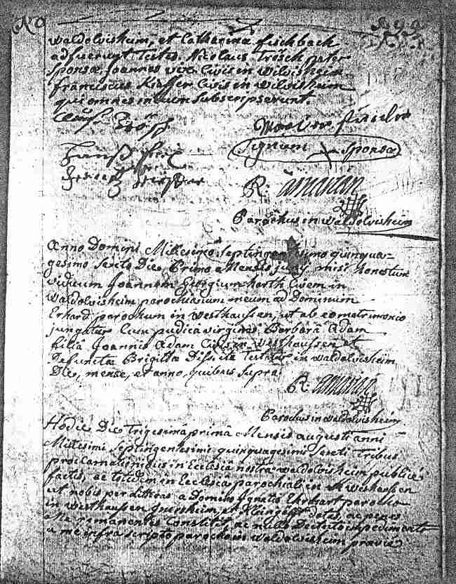 Second page of Sts-Pancrace-et-Boniface Parish Marriage Record of Martini Stimmler and Catharina Troesch, Waldolwisheim, April 22, 1756.