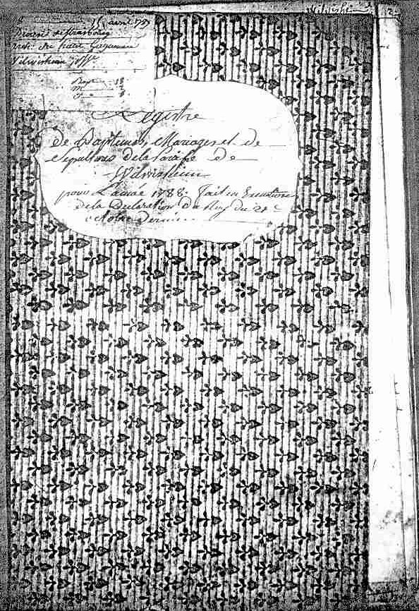 Cover of Parish Marriage Record Book containing marriage record of Antoine Stimmler and Maria Hess, February 4, 1788.