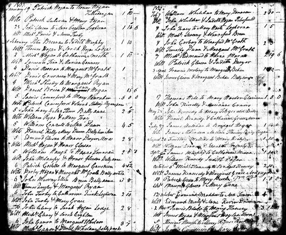 1837 Killaloe Diocese, Monsea, Ireland Record of Marriage of David Noonan and Margaret McGrath