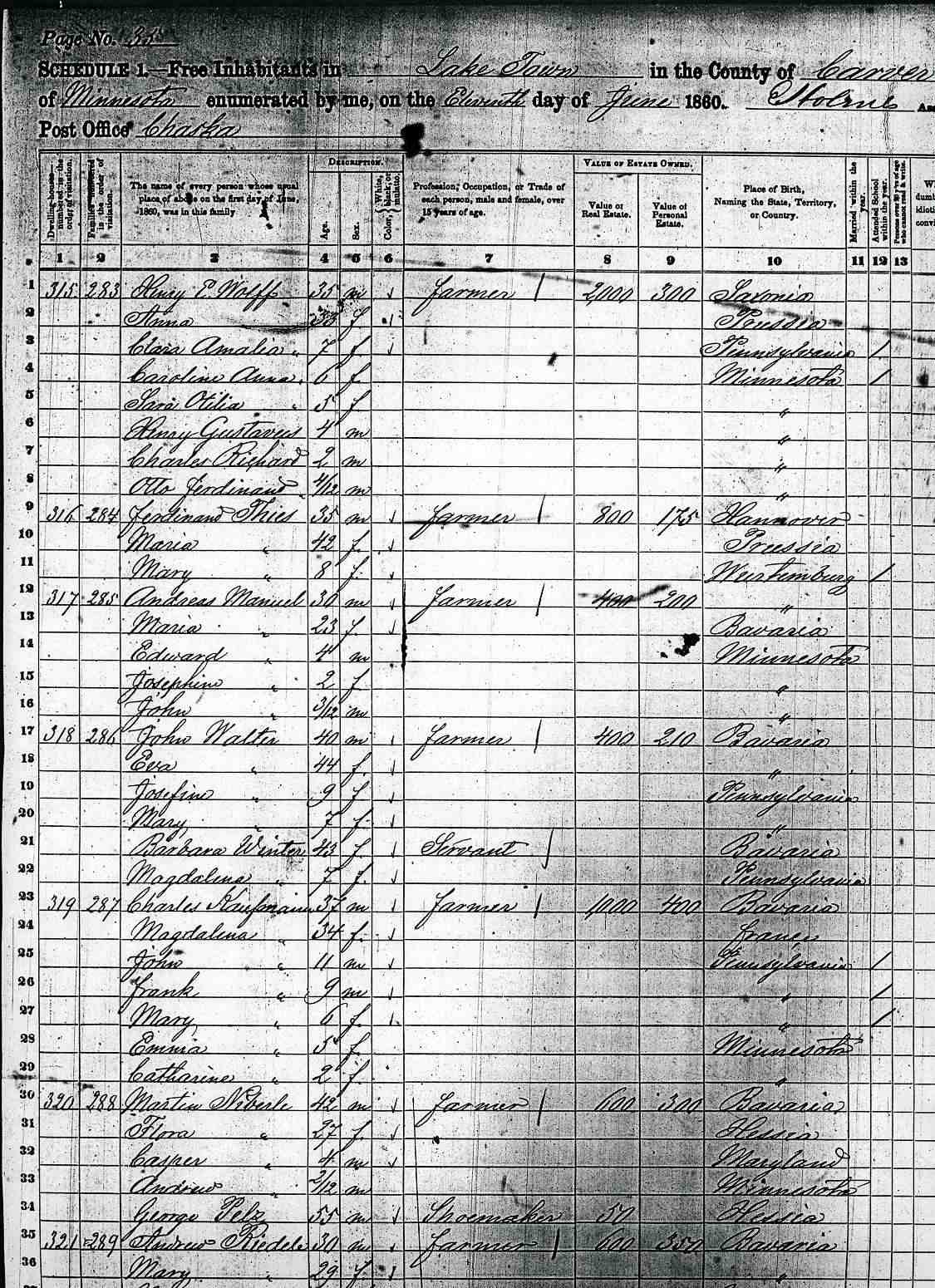 A page from the 1860 Minnesota Census, Lake Town in Carver County as of June 11, 1860 showing Charles and Magdelina (Stimmler) Kaufmann and their family.