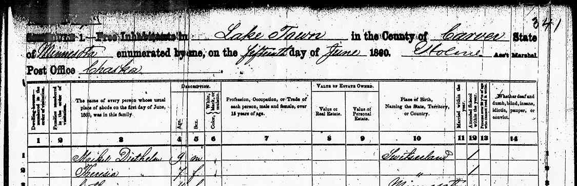Top of page from the 1860 Minnesota Census, Lake Town in Carver County as of June 15, 1860 showing Joseph and Franciska (Stimmler) Schaaf and their family, plus Franciska's older brother, Nicholas Stimmler.