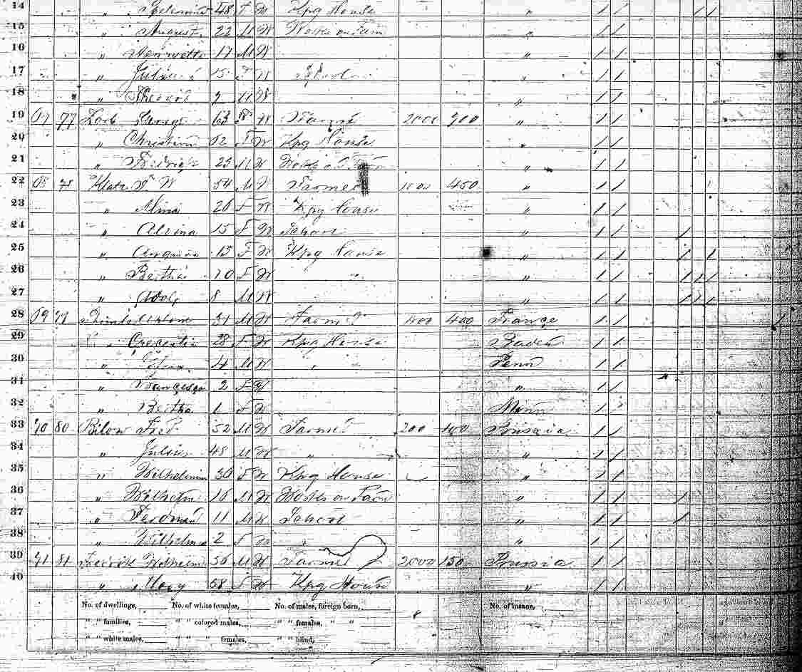 Page from the 1870 Minnesota Census, Laketown in Carver County as of June 17, 1870 showing Anthony and Crescentia (Sohn) Stimmler and their family.
