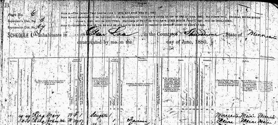 Top of page from the 1880 Minnesota Census, Clear Lake in Sherburne County as of June 1880 showing Anthony and Crescentia (Sohn) Stimmler and their family.