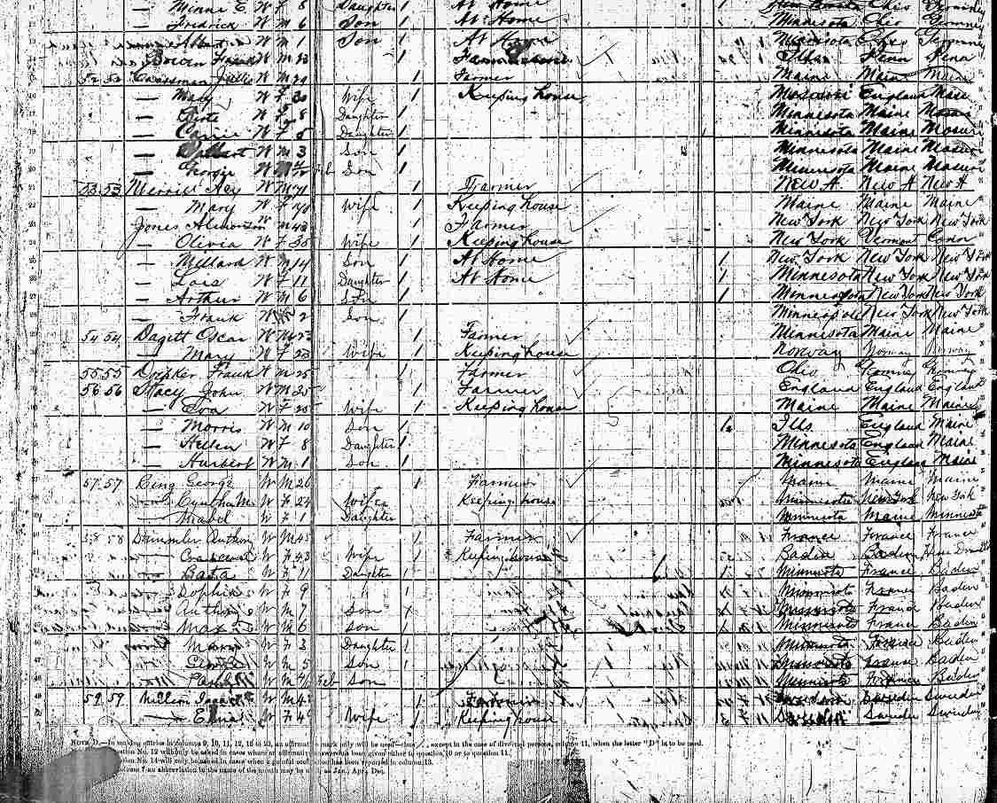 A page from the 1880 Minnesota Census, Clear Lake in Sherburne County as of June 1880 showing Anthony and Crescentia (Sohn) Stimmler and their family.