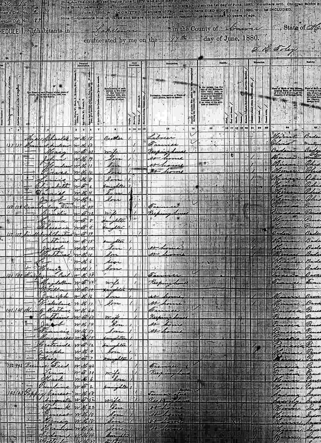 A page from the 1880 Minnesota Census, Laketown in Carver County as of June 17, 1880 showing Charles and Magdelina (Stimmler) Kaufmann and their family.