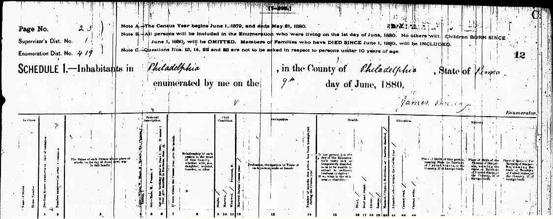 Top of page from the 1880 Pennsylvania Census, Manayunk in Philadelphia County as of June 9, 1880 showing John and Mary (McAlernan) Stimmler and their family.