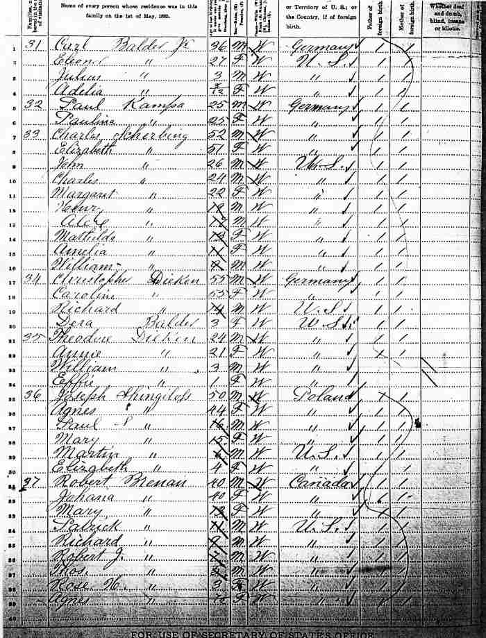 A page from the 1885 Minnesota State Census, St. George Township in Benton County.