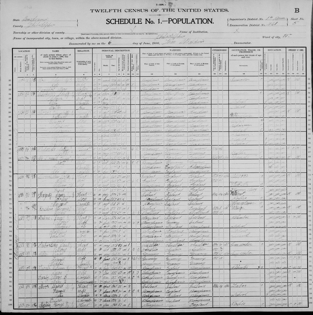 1900 Pennsylvania Census, Philadelphia, Philadelphia County, June 6, 1900 showing James and Mary Mahon (n&eacute;e Stimmler) and their family.
