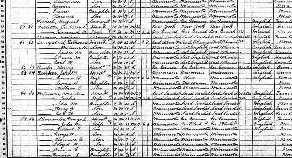 Left side of a page from the 1910 Minnesota Census, Clear Lake Township in Carver County.