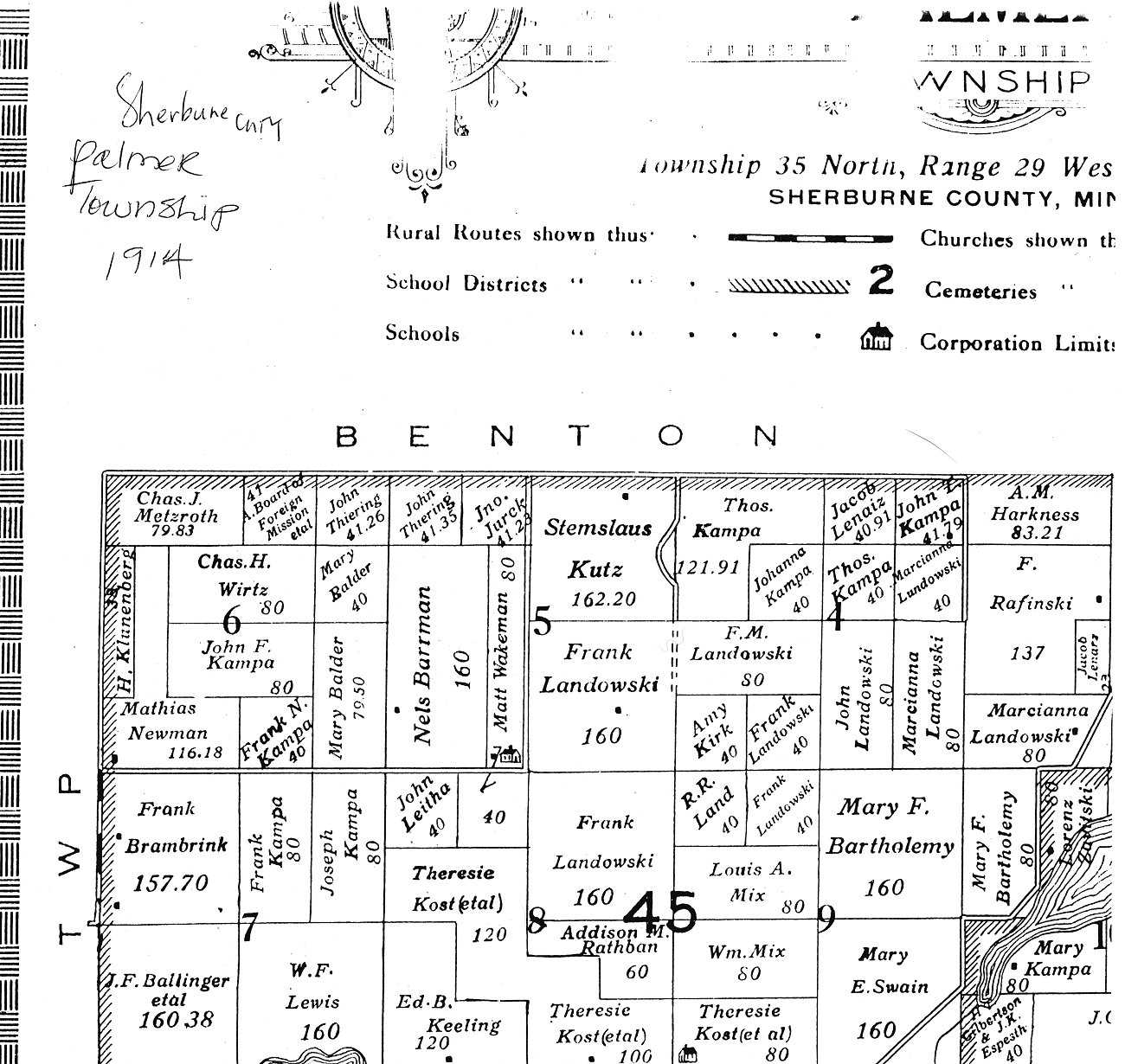 Full-size Plat Map of Mortheast Corner of Palmer Township, 1914.
