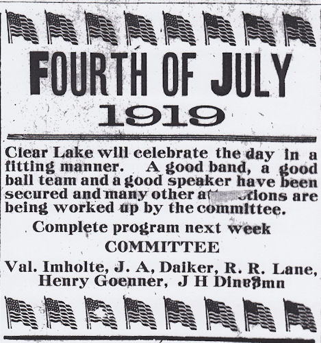 Fourth of July 1919 at Clear Lake announcement, The Clear Lake Times, 19 Jun 1919, p. 1, col. 2