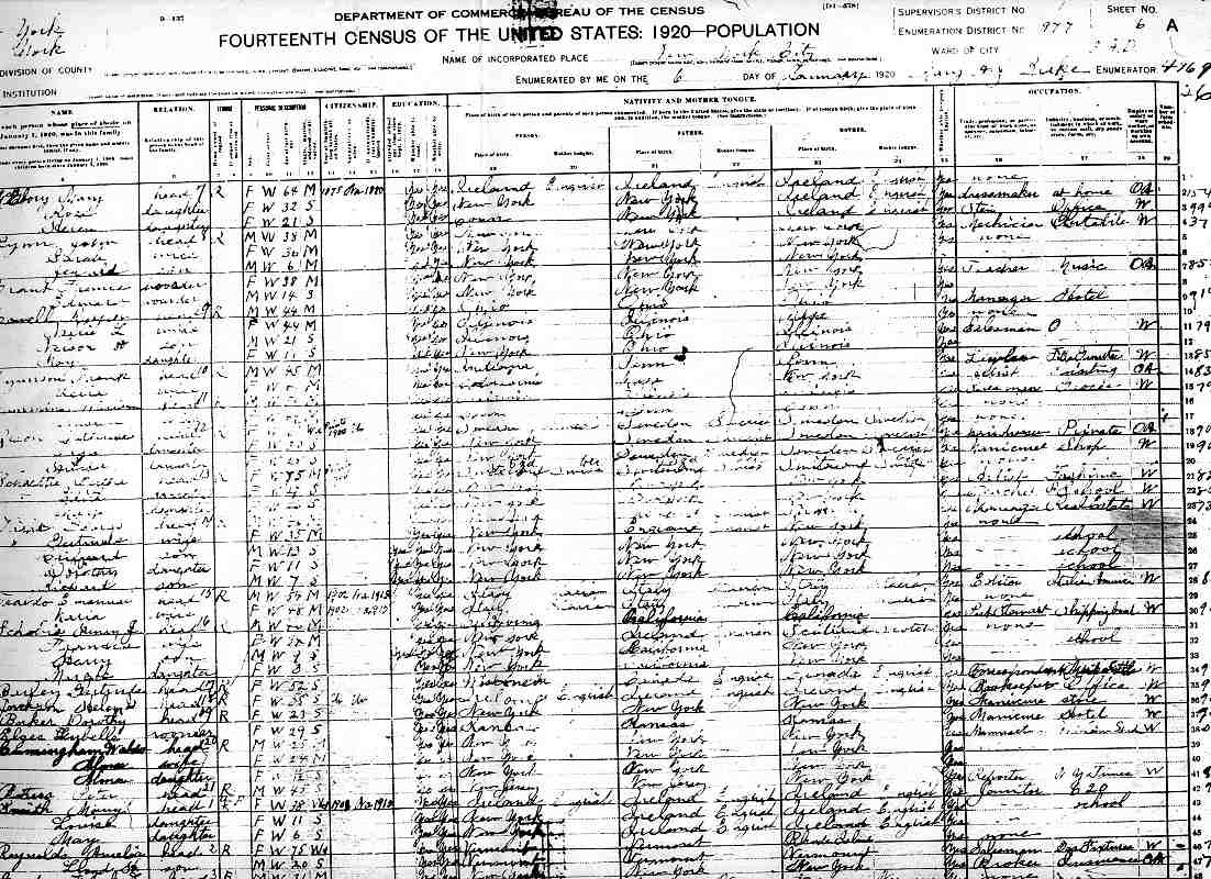 A page from the 1920 New York Census, New York City as of January 6, 1920 showing widow Mary Smith (n&eacute;e Lee) and her daughters Louise and Mary.