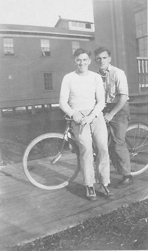 George Kampa and Al Eschert on bike at the barracks on Mare Island, CA, Jan. 1925