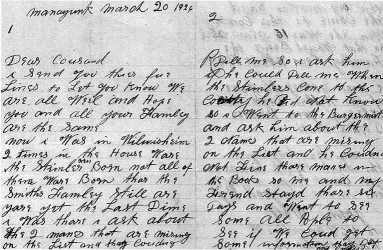 First and second pages of letter from John Wolf to his cousin relating his trip to Wilwisheim, dated March 20, 1926.