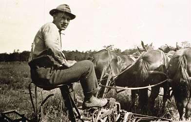 Felix Balder plowing with team of horses, 1927.