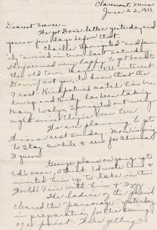 Page 1 of letter from Louise and George Kampa to their sister Frances, Clarmont, Minn., June 22, 1933