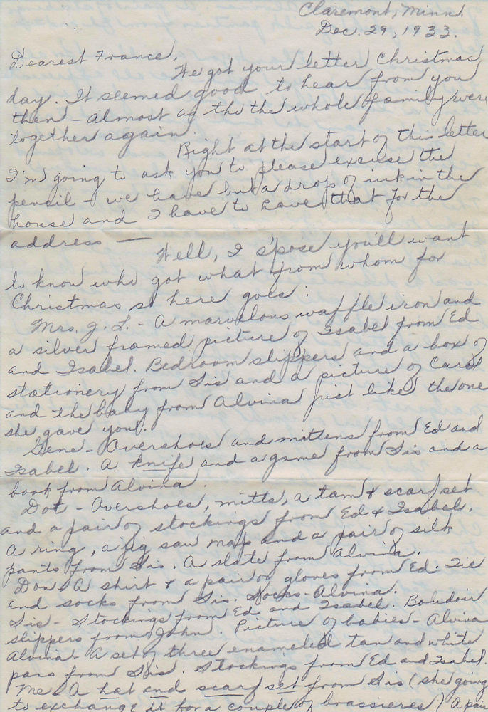 First page of letter from Louise Kampa to her sister, Mrs. G. F. Windhurst, dated Dec. 29, 1933