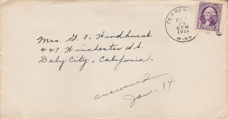 Envelope of letter from Louise Kampa to her sister, Mrs. G. F. Windhurst, dated. Dec. 29, 1933