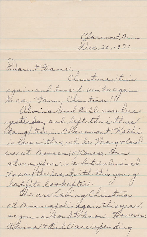 First page of letter from Louise Kirkpatrick to Frances Windhurst, dated Dec. 20, 1937