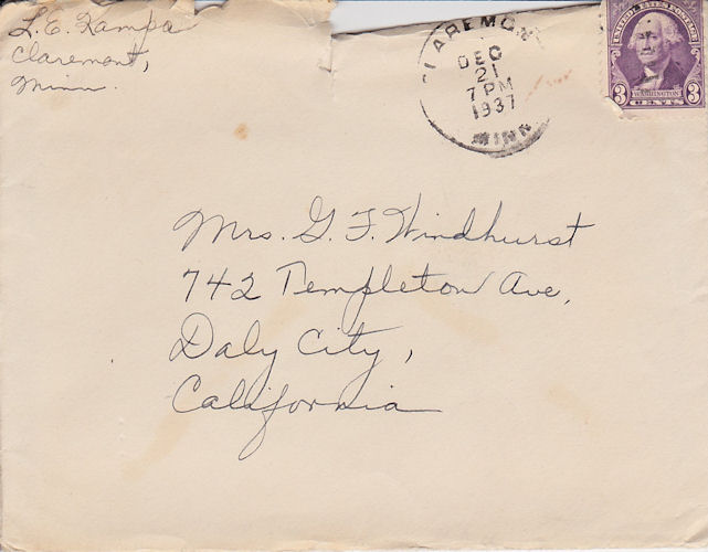 Envelope from sister Louise Kampa to Mrs. G. F. Windhurst, postmarked Dec. 21, 1937