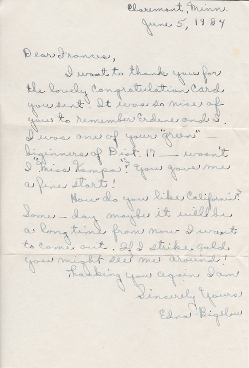 Letter from Edna Bigelow to Frances Windhurst, dated June 5, 1934