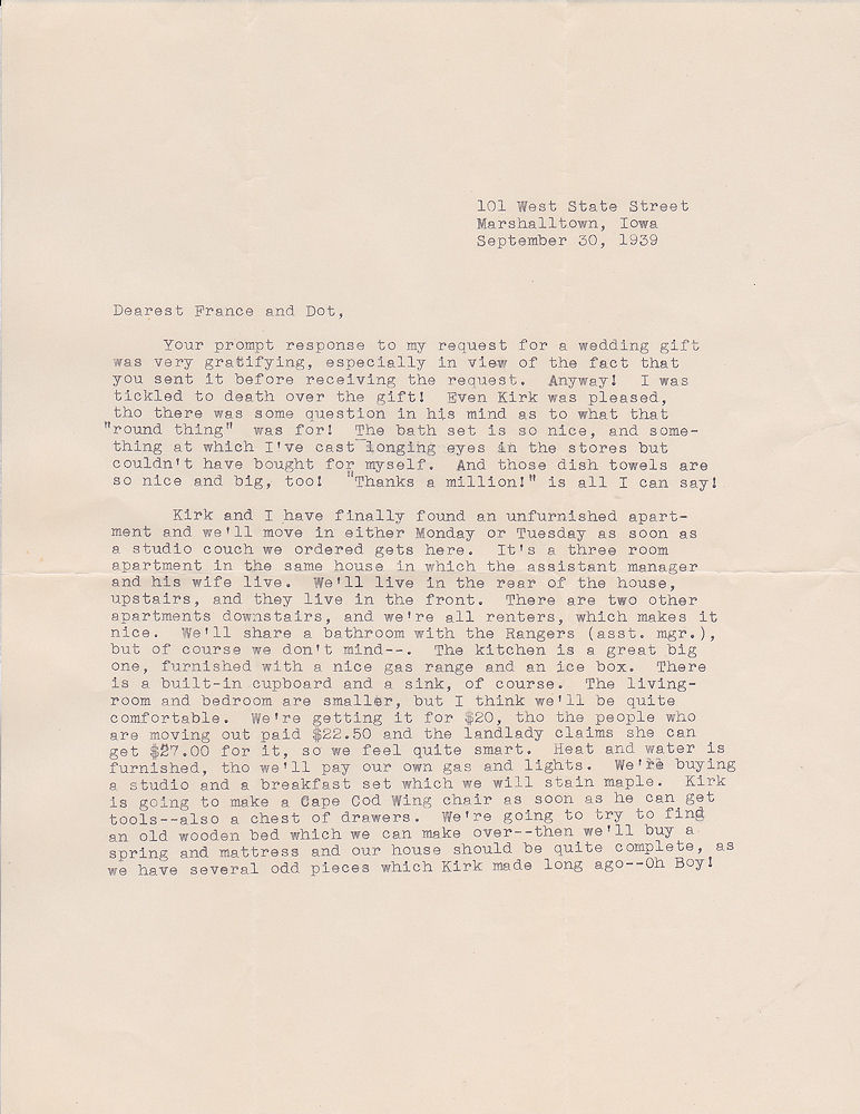 First page of letter from Louise Kirkpatrick to her sisters Frances Windhurst and Dorothy Kampa, dated Sept. 30, 1939