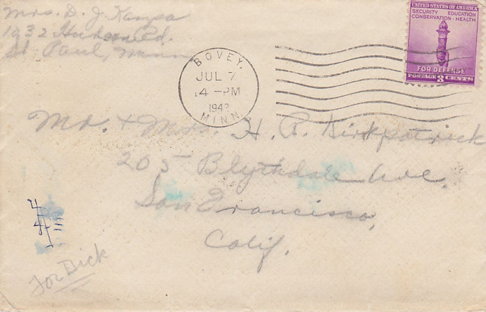 Envelope postmarked July 7, 1942 from Dorothy Kampa to the Kirkpatricks