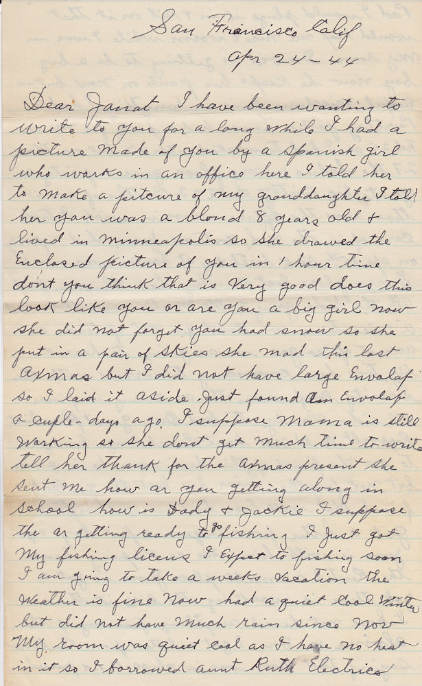 First page of letter from Joseph Kampa to granddaughter Janet Munson, dated Apr. 24, 1944