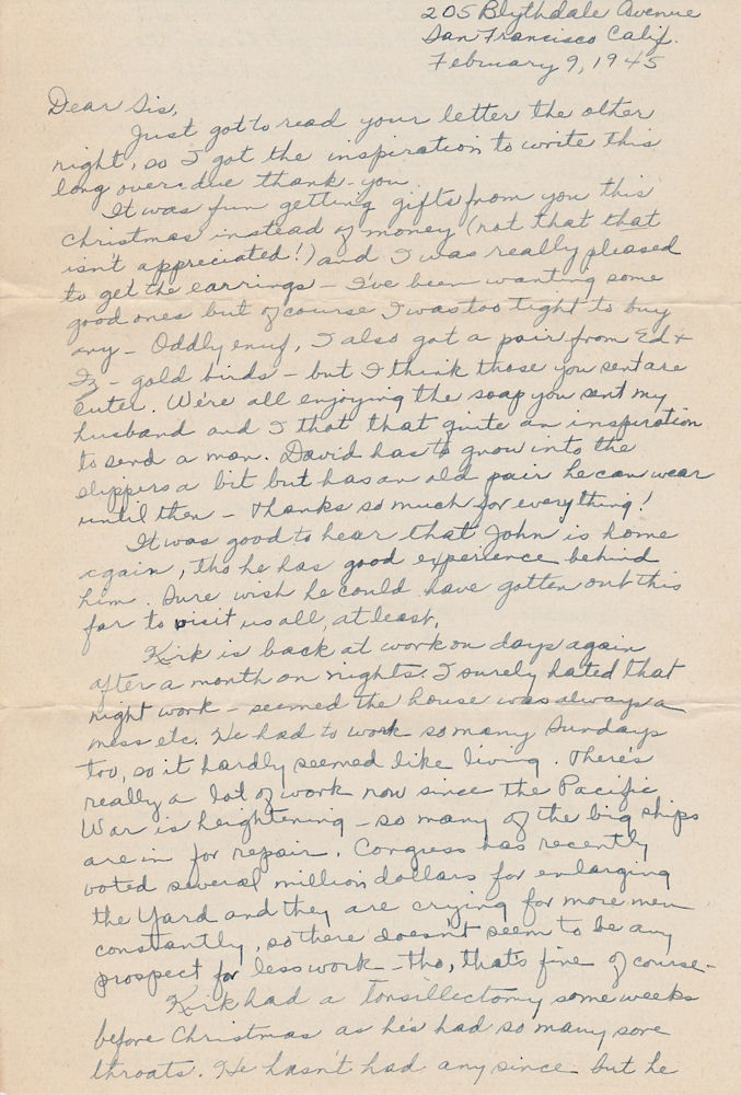 First page of letter from Louise Kirkpatrick to sister Martha Munson, dated Feb. 9, 1945