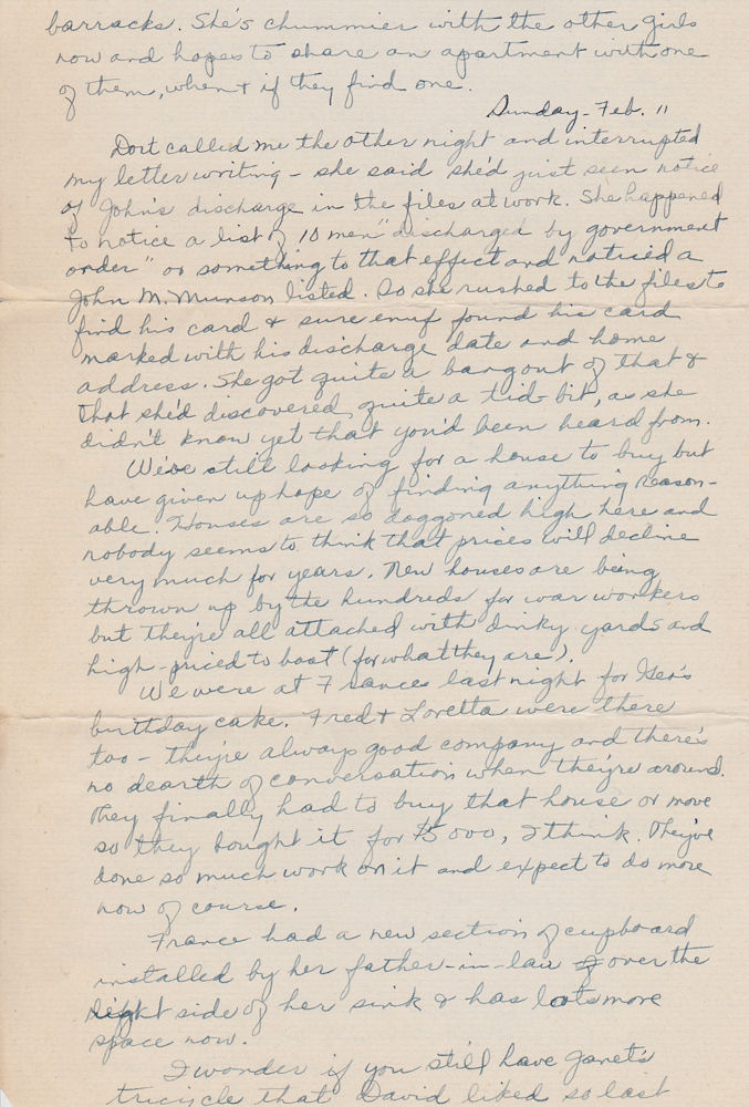Third page of letter from Louise Kirkpatrick to sister Martha Munson, dated Feb. 9, 1945