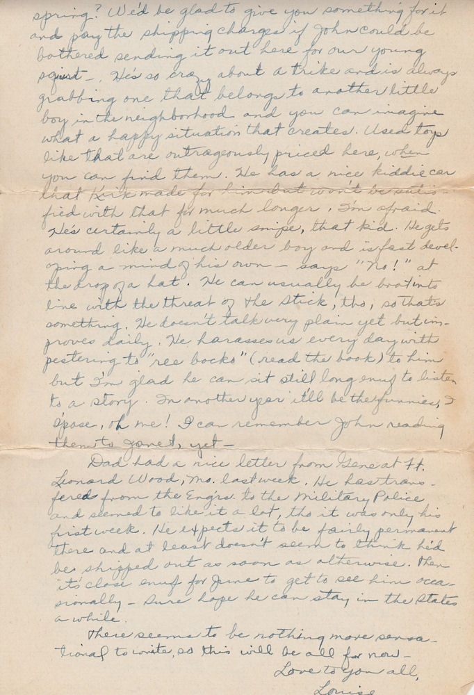Last page of letter from Louise Kirkpatrick to sister Martha Munson, dated Feb. 9, 1945