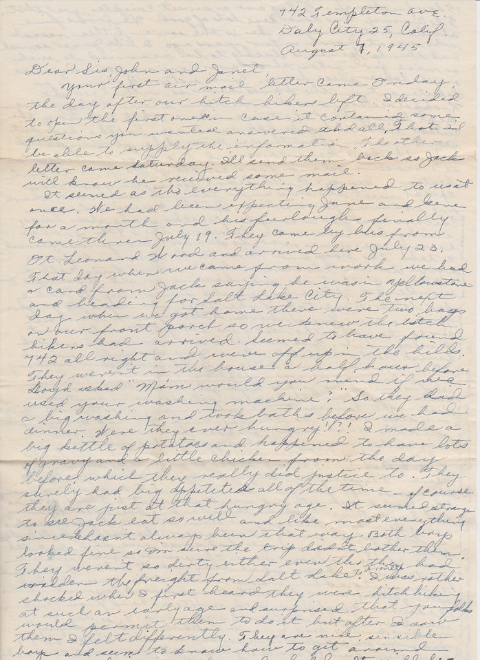 Top of first page of letter from Frances Windhurst to sister Martha, John and Janet Munson, dated Aug. 7, 1945, Daly City 25, California