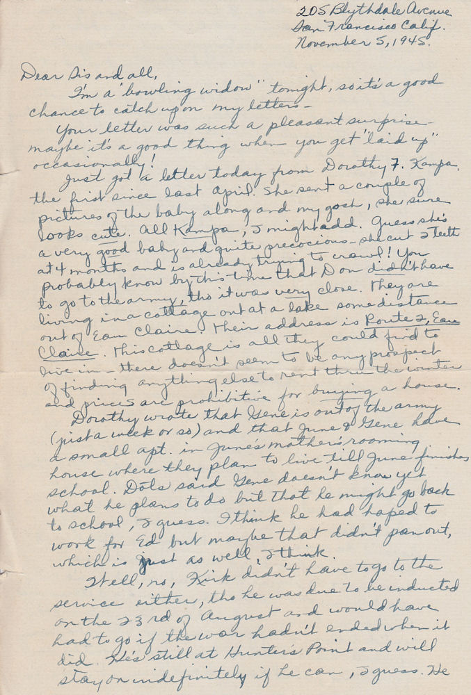 First page of letter from Louise Kirkpatrick to sister Martha Munson and family, dated Nov. 5, 1945