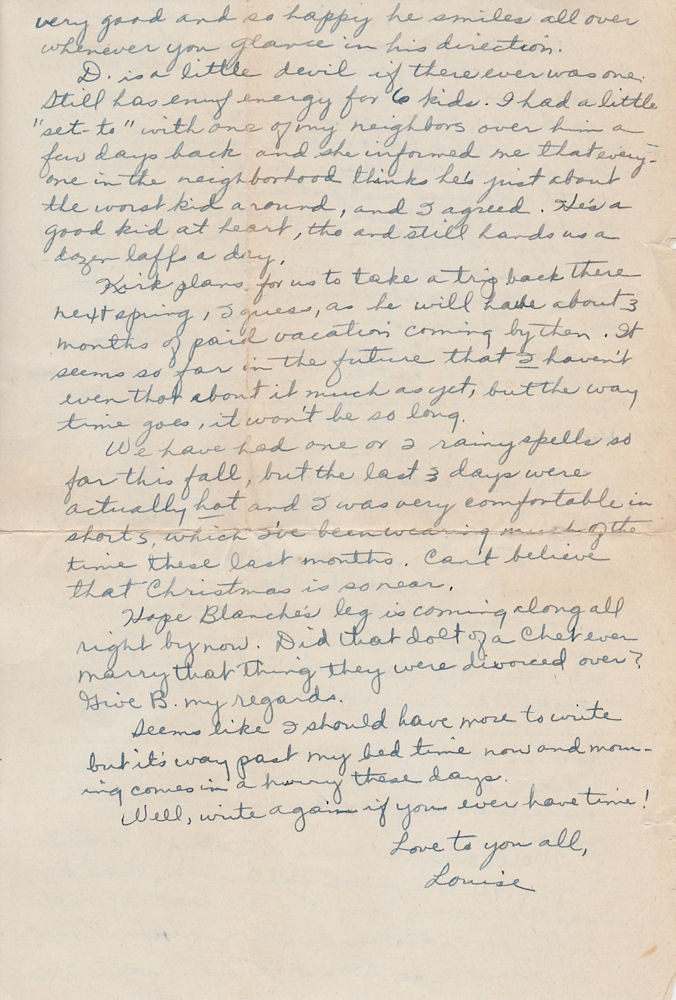 Fourth page of letter from Louise Kirkpatrick to sister Martha Munson and family, dated Nov. 5, 1945