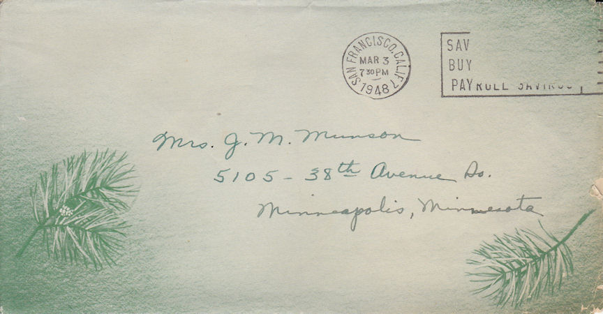 Front of envelope of letter from Louise Kirkpatrick to her sister, Mrs. J. M. Munson, dated March 2, 1948