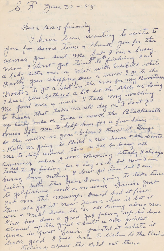 First page of letter from Joseph Kampa to his daughter, Mrs. John Munson, and family, dated January 30, 1948