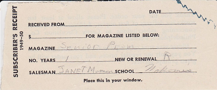 Receipt for Senior Prom magazine, 1949-1950 school year for Janet Munson