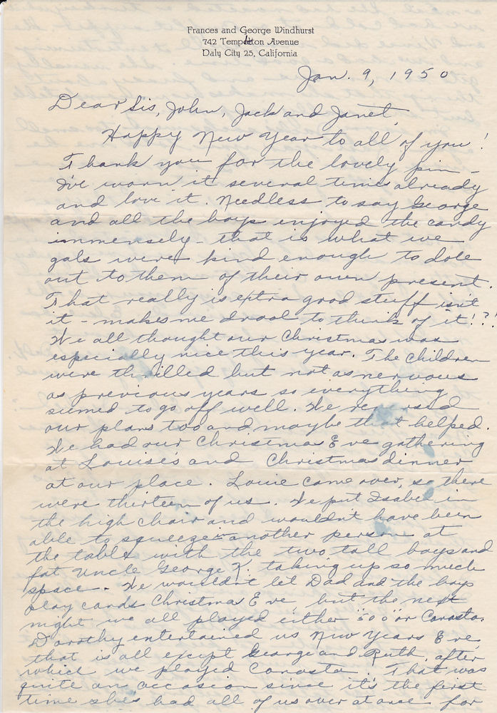 First page of letter from Frances Windhurst to Mr. and Mrs. John M. Munson, dated. Jan. 9, 1950