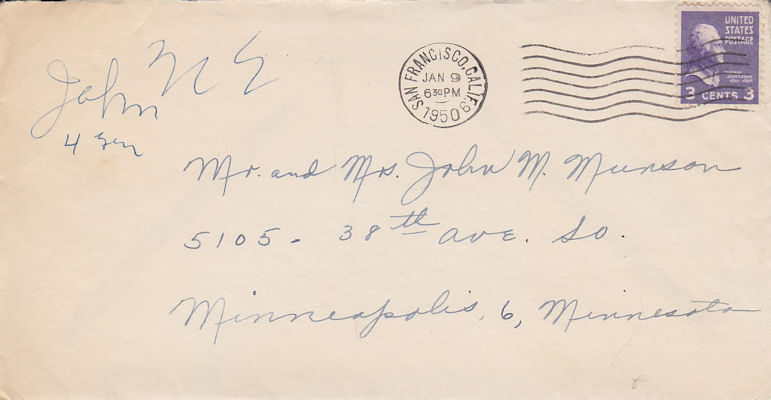 Envelope of letter from Frances Windhurst to Mr. and Mrs. John M. Munson, dated. Jan. 9, 1950