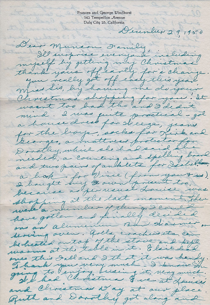 First page of letter from Frances Windhurst to Mr. and Mrs. John M. Munson, dated. Jan. 9, 1950