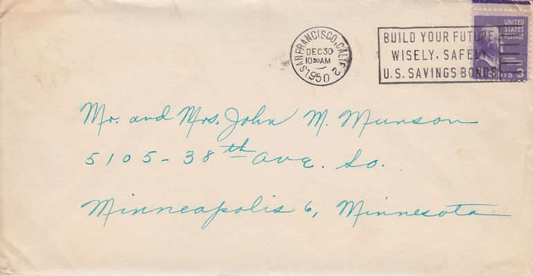 Envelope of letter from Frances Windhurst to Mr. and Mrs. John M. Munson, dated. Jan. 9, 1950