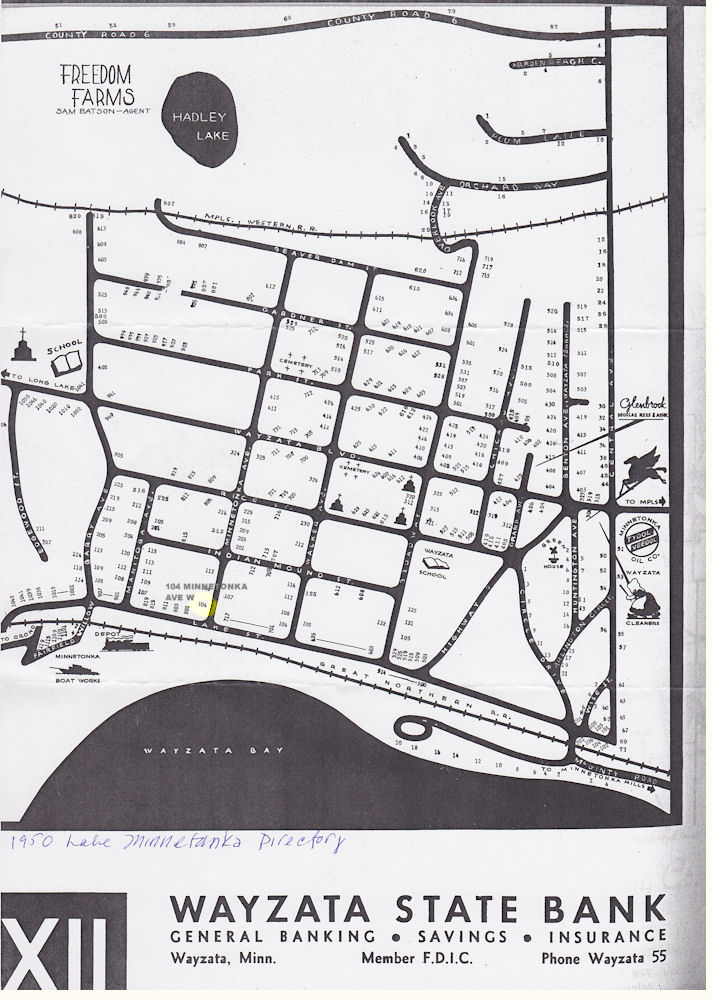 1950 Lake Minnetonka Directory showing 104 S. Minnetonka Avenue W., Wayzata, MN