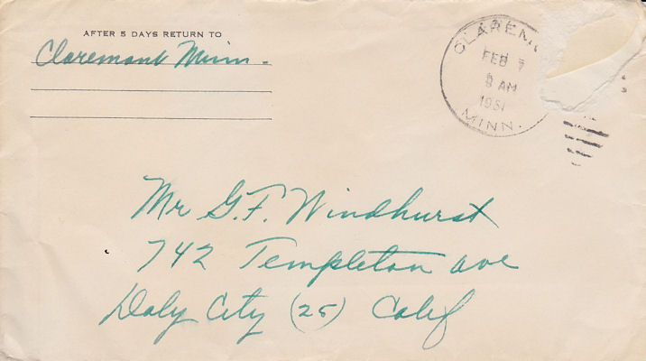 Envelope postmarked Feb. 7, 1951, Claremont, MN and addressed to Mr. G. F. Windhurst