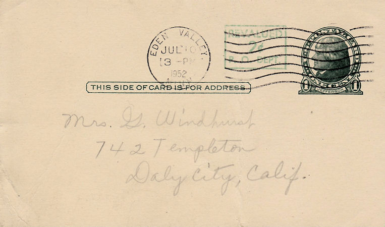 Postcard from Louise Kirkpatrick to her sister Frances Windhurst dated Wed., July 9, 1952
